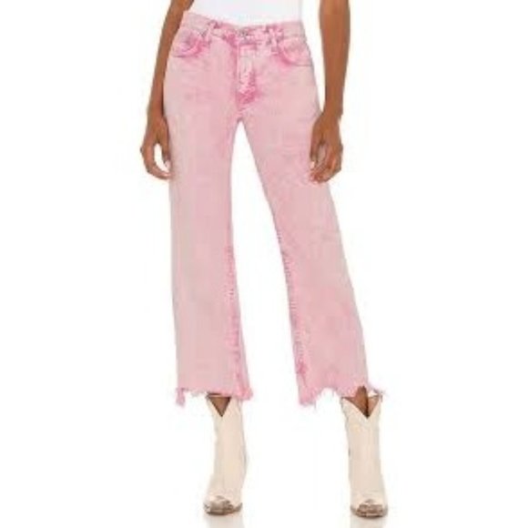 Free People Denim - Free People Pink Wash Straight Leg Distressed Hem Denim Jeans Size 25